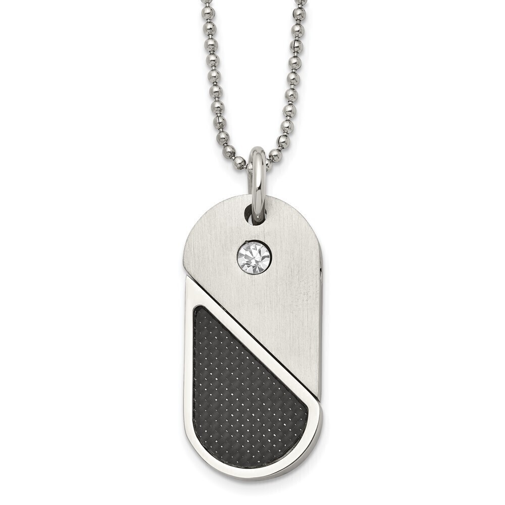 Kazi Luxury Stainless Steel Brushed/Polished CZ & CarbonFiber DogTag/Heart